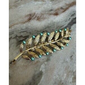 VTG Gerry Gold Tone Turquoise Enamel Leaf Brooch Pin Cottagecore Old Money Glam
